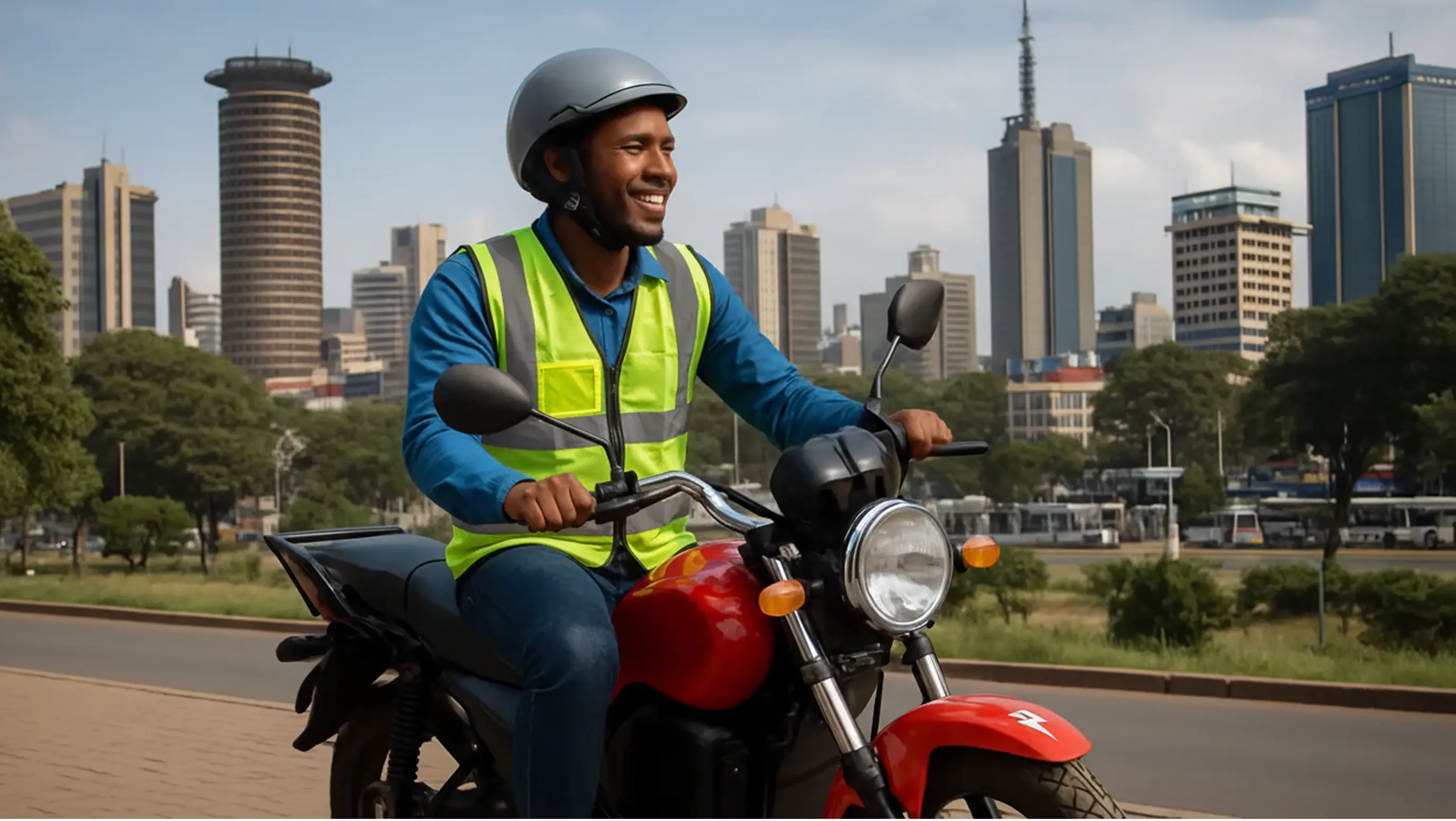 Man in his thirties, wearing a blue shirt and riding a red e-motorbike on the highway, big city centre in the background
