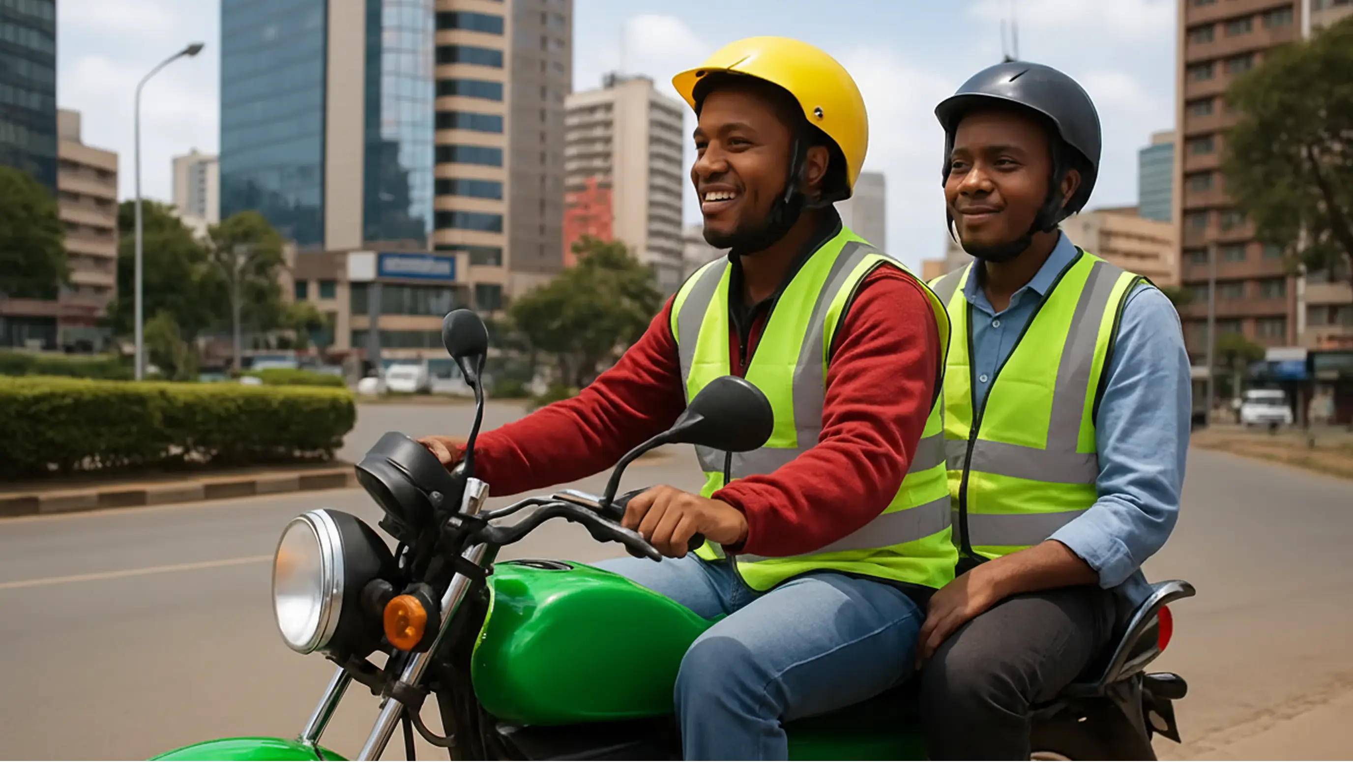 Two men riding a green e-motorbike on a highway, both looking happy, big city centre in the background