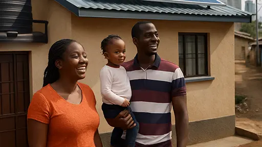 Young family of three, standing in the front of a family house, in urban setting